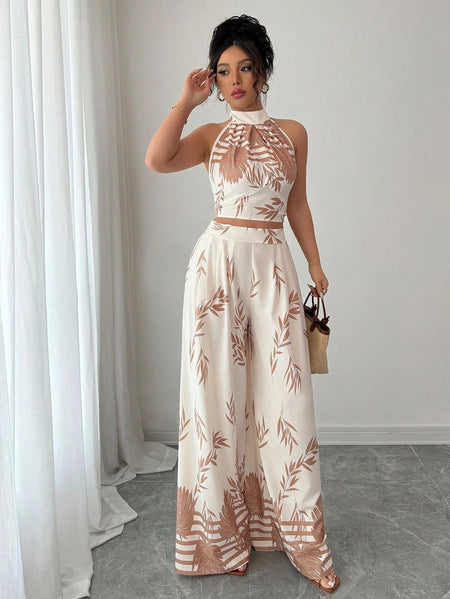 Rene Printed Top Coord Set - full-length shot, cream with tan leaf print - Miss Mosa By Akanksha