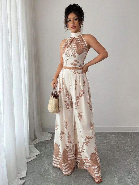 Rene Printed Top Coord Set - front shot, cream with tan leaf print - Miss Mosa By Akanksha