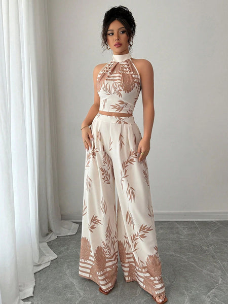 Rene Printed Top Coord Set - front shot, cream with tan leaf print - Miss Mosa By Akanksha