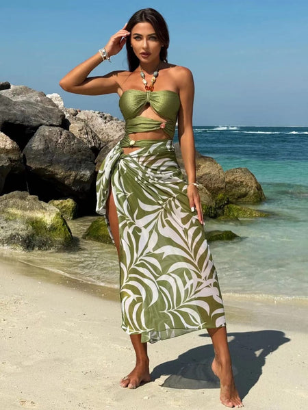 Renif Swimsuit With Sarong Skirt - full-length front shot on model on beach, green - Miss Mosa By Akanksha