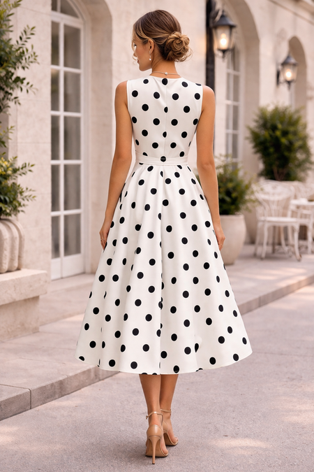 Retro Polka Midi Dress With Belt - back shot, white with black polka dots - Miss Mosa By Akanksha