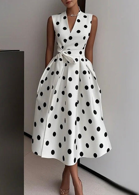 Retro Polka Midi Dress With Belt - front shot, white with black polka dots - Miss Mosa By Akanksha