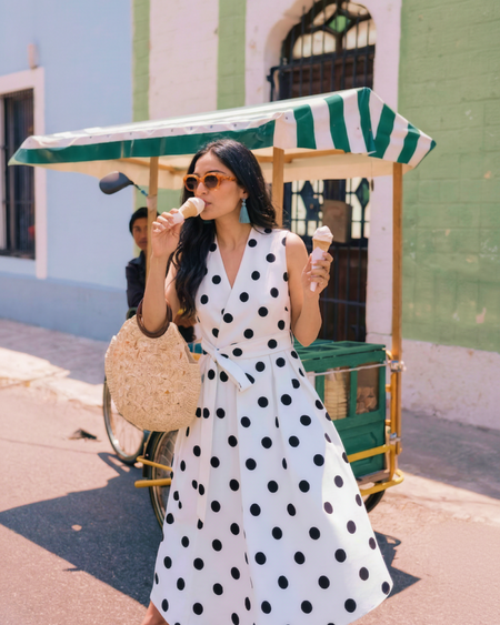 Retro Polka Midi Dress With Belt - styled shot, white with black polka dots - Miss Mosa By Akanksha