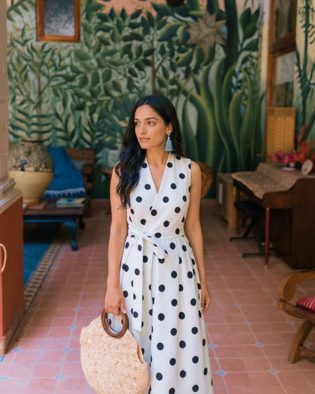 Retro Polka Midi Dress With Belt - styled shot, white with black polka dots - Miss Mosa By Akanksha