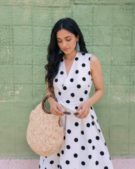 Retro Polka Midi Dress With Belt - close-up shot, white with black polka dots - Miss Mosa By Akanksha