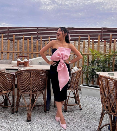 Revy Strapless Midi Dress - full-length shot on model, black - Miss Mosa By Akanksha