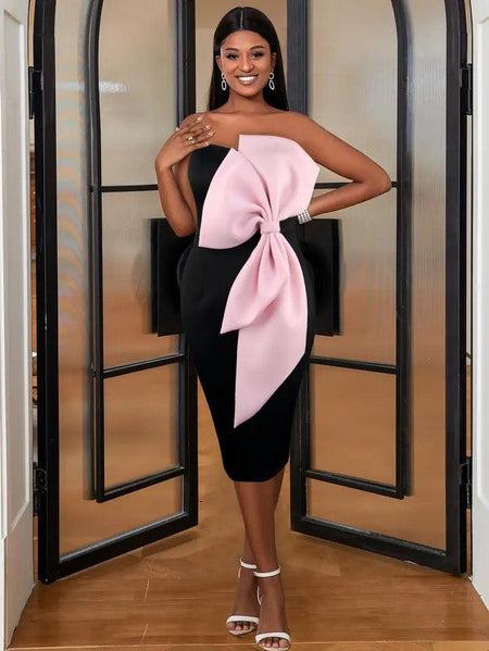Revy Strapless Midi Dress - full-length shot on model, black - Miss Mosa By Akanksha