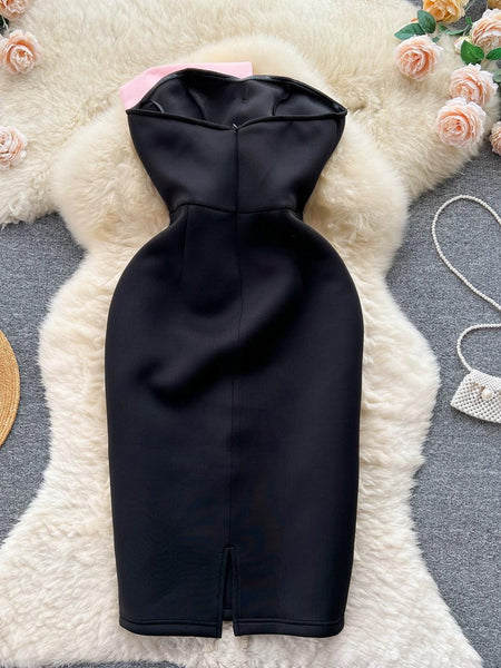 Revy Strapless Midi Dress - back shot on hanger, black - Miss Mosa By Akanksha