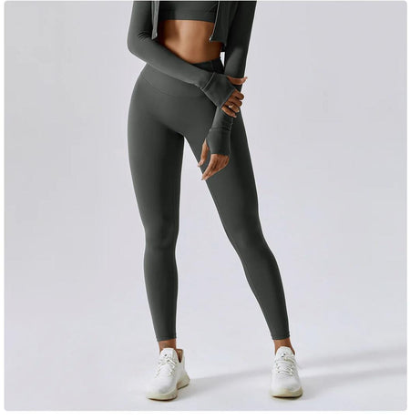 Rey Slimming Premium Gymwear Leggings In Grey - front shot on model - Miss Mosa By Akanksha