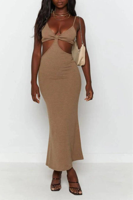 Reya Bodycon Holiday Dress in Brown - front shot on model - Miss Mosa By Akanksha