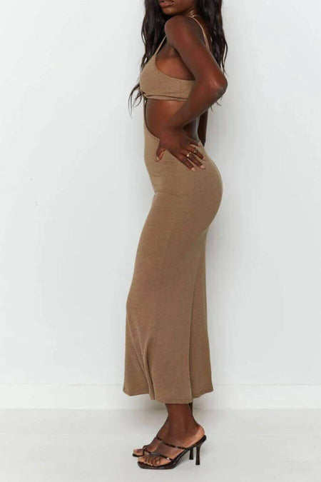 Reya Bodycon Holiday Dress in Brown - side shot on model - Miss Mosa By Akanksha