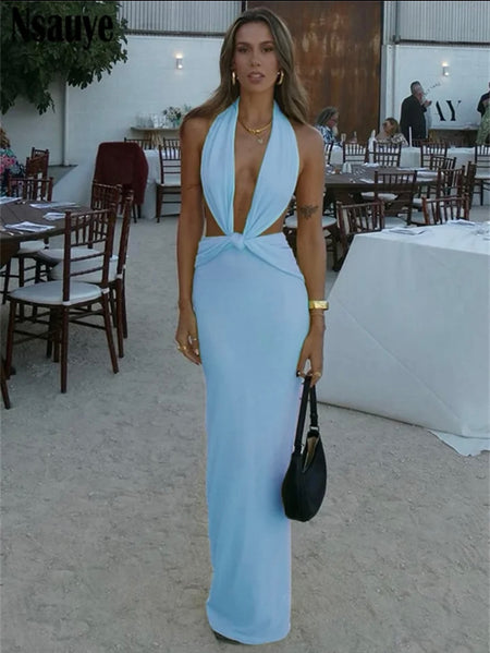 Rezy Statement Knot Dress in Sky Blue - lifestyle shot on model, sky blue - Miss Mosa By Akanksha