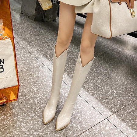 Rhodes Knee High Pointed Leather Boots - full-length front shot on model, cream - Miss Mosa By Akanksha