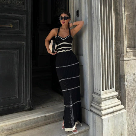 Rhodes Luxe Knit Dress - full-length shot on model, black - Miss Mosa By Akanksha