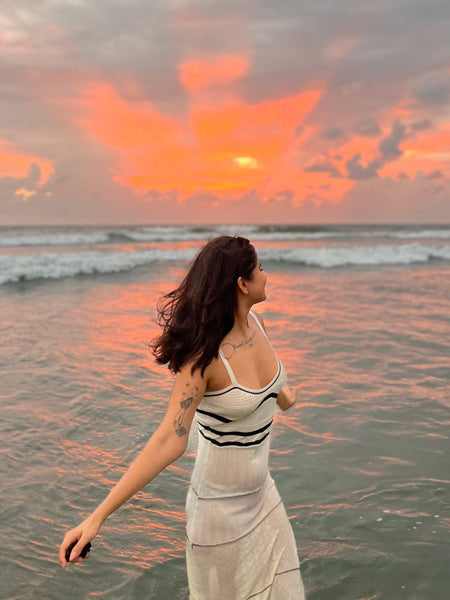 Rhodes Luxe Knit Dress - lifestyle shot on model, cream - Miss Mosa By Akanksha