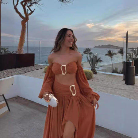 Rica Summer Holiday Coord Set In Rust - front shot on model at sunset - Miss Mosa By Akanksha