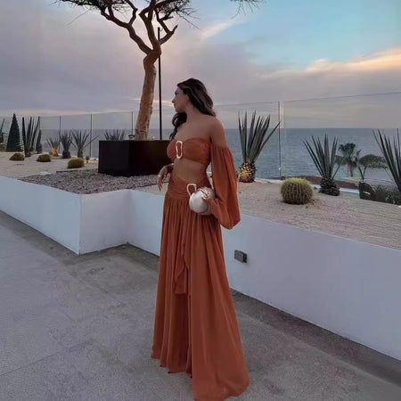 Rica Summer Holiday Coord Set In Rust - side shot on model at sunset - Miss Mosa By Akanksha