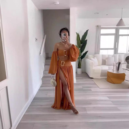 Rica Summer Holiday Coord Set In Rust - full-length mirror selfie shot on model indoors - Miss Mosa By Akanksha