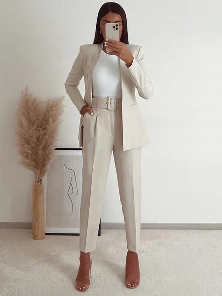 Ridley Premium Suit Set - Blazer and Pants - full-length shot on model, beige - Miss Mosa By Akanksha