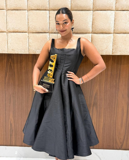 Rigata Holiday Statement Maxi Dress in Black - front shot on model, black - Miss Mosa By Akanksha
