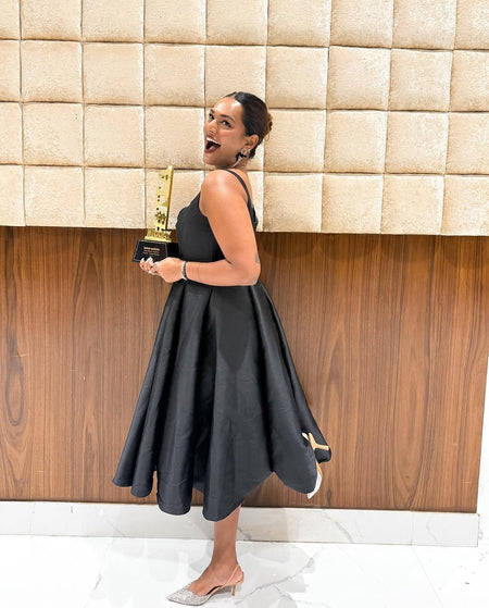 Rigata Holiday Statement Maxi Dress in Black - lifestyle shot on model, black - Miss Mosa By Akanksha