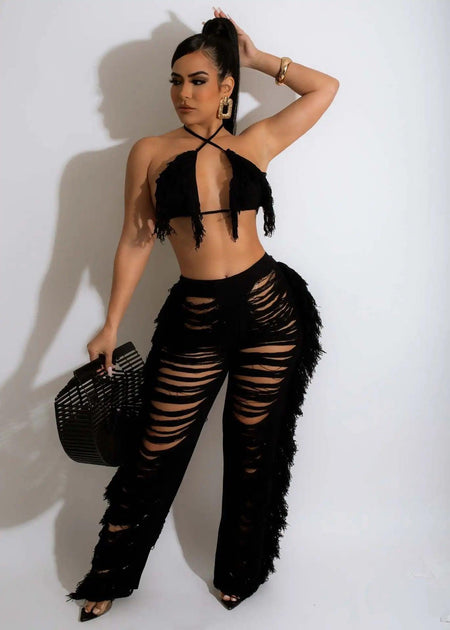 Rihanna Top and Pants Resortwear Set - full-length shot on model, black - Miss Mosa By Akanksha