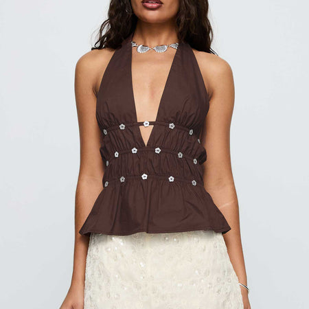 Riley Summer Top - close-up shot, brown - Miss Mosa By Akanksha