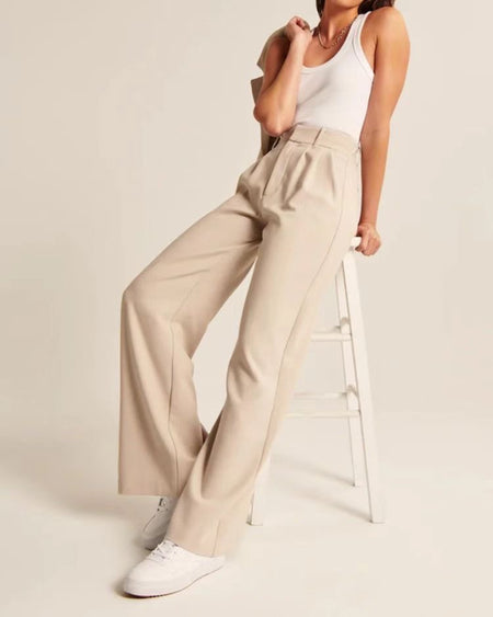 Riley Wide Leg High Waist Pants In Beige - front shot on model - Miss Mosa By Akanksha