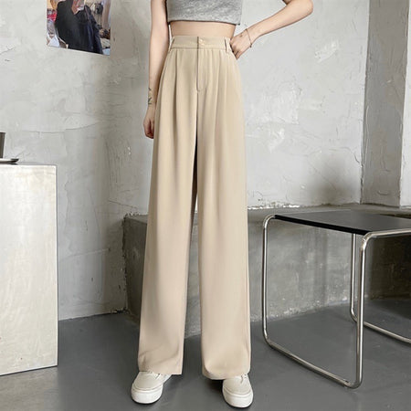 Riley Wide Leg High Waist Pants In Beige - front shot on model - Miss Mosa By Akanksha