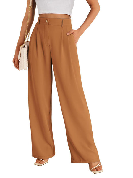 Riley Wide Leg High Waist Pants In Brown - front shot on model - Miss Mosa By Akanksha
