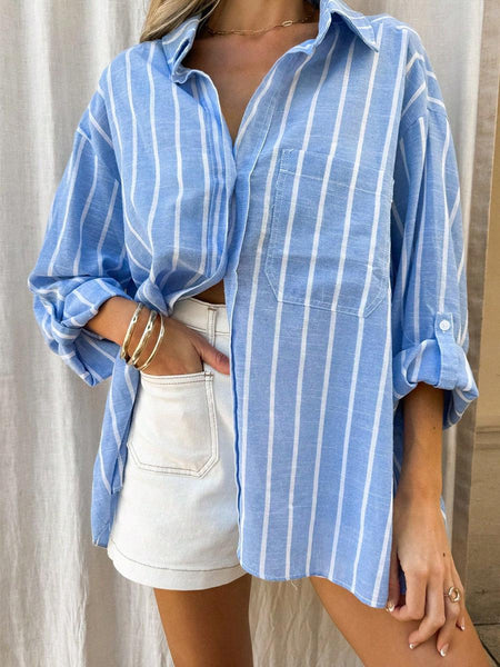 Rilos Striped Cotton Oversized Shirt In Blue - front shot on model - Miss Mosa By Akanksha