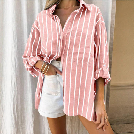 Rilos Striped Cotton Oversized Shirt In Pink - front shot on model - Miss Mosa By Akanksha