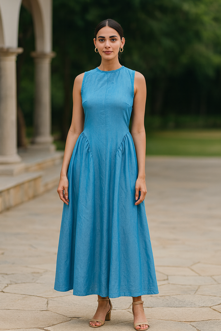 Rimmi Drop Waist Midi Dress In Blue - front shot on model - Miss Mosa By Akanksha