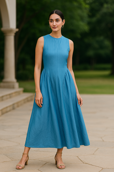 Rimmi Drop Waist Midi Dress In Blue - front shot on model - Miss Mosa By Akanksha