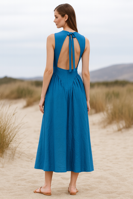 Rimmi Drop Waist Midi Dress In Blue - back shot on model - Miss Mosa By Akanksha