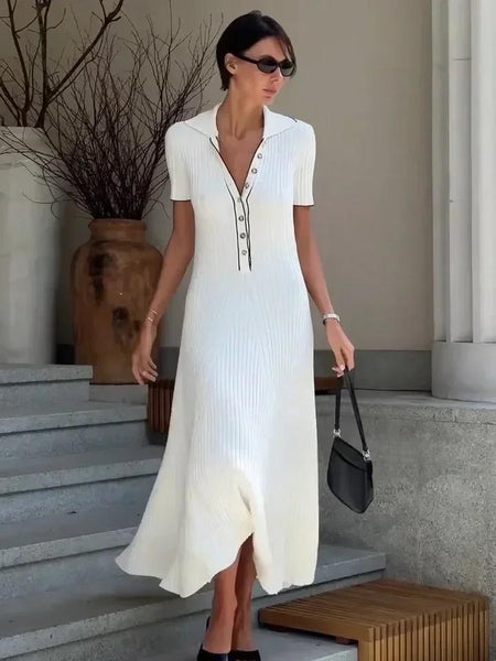 Rimona Luxe Soft Knit Dress - full-length front shot on model outdoors, white - Miss Mosa By Akanksha