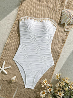 Rio 1Pc Lace Shell Swimsuit - flat-lay shot, white with gold shell trim - Miss Mosa By Akanksha