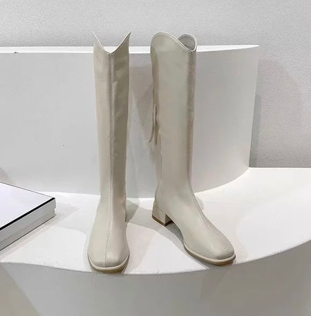 Rio Premium Leather Boots without Heel - hanging product shot, white - Miss Mosa By Akanksha
