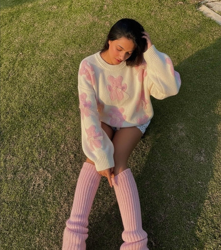 Riven Cute Woolen Sweater In Pink - seated shot on model outdoors - Miss Mosa By Akanksha