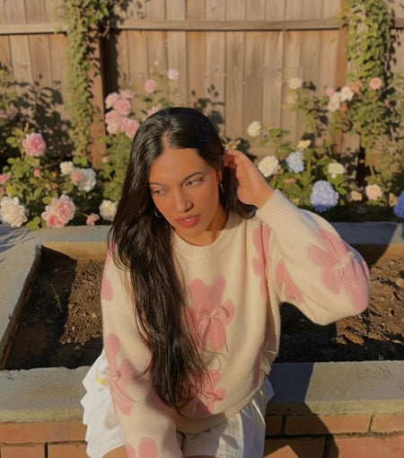Riven Cute Woolen Sweater In Pink - front shot on model outdoors - Miss Mosa By Akanksha