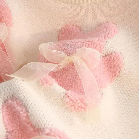 Riven Cute Woolen Sweater In Pink - close-up of bow applique detail - Miss Mosa By Akanksha