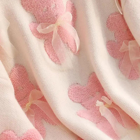 Riven Cute Woolen Sweater In Pink - close-up of applique bow detail - Miss Mosa By Akanksha