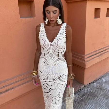 Riyo Luxe Soft Knit Resortwear Dress In White - front shot on model, white - Miss Mosa By Akanksha