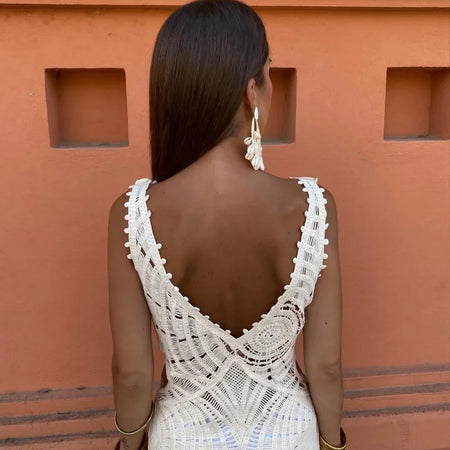 Riyo Luxe Soft Knit Resortwear Dress In White - back shot on model, white - Miss Mosa By Akanksha