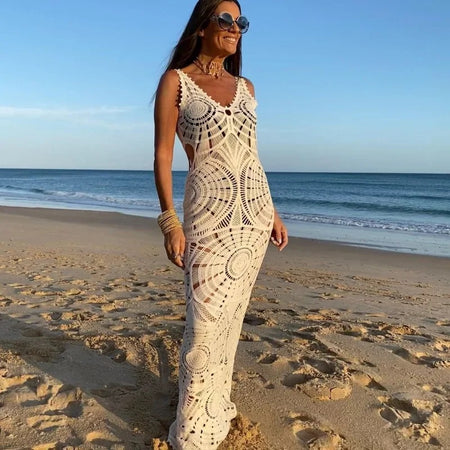Riyo Luxe Soft Knit Resortwear Dress In White - lifestyle shot on model, white - Miss Mosa By Akanksha