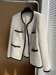Riyo Statement Woolen Tweed Cardigan - front shot on hanger, cream and black - Miss Mosa By Akanksha