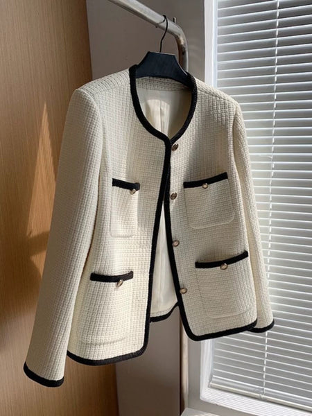 Riyo Statement Woolen Tweed Cardigan - front shot on hanger, cream and black - Miss Mosa By Akanksha