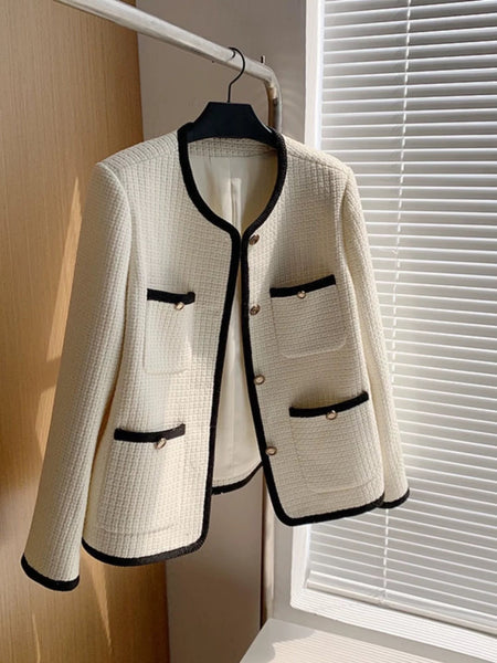 Riyo Statement Woolen Tweed Cardigan - front shot on hanger, cream and black - Miss Mosa By Akanksha
