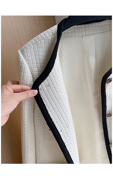 Riyo Statement Woolen Tweed Cardigan - close-up of black trim, cream and black - Miss Mosa By Akanksha