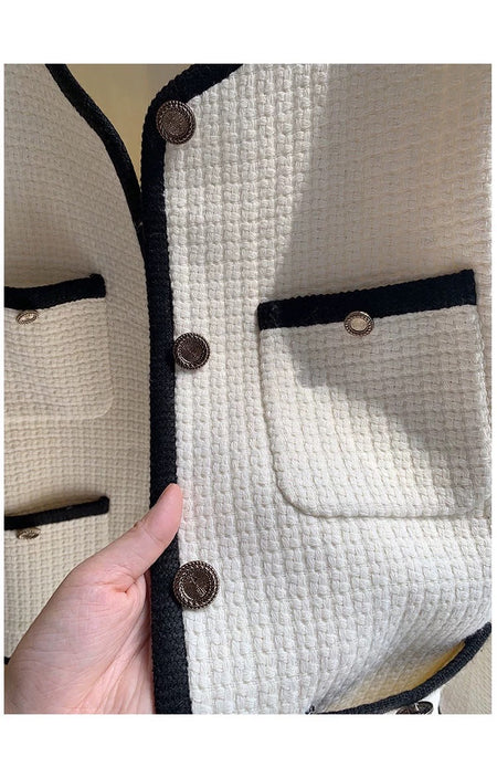 Riyo Statement Woolen Tweed Cardigan - close-up of buttons and pockets, cream and black - Miss Mosa By Akanksha